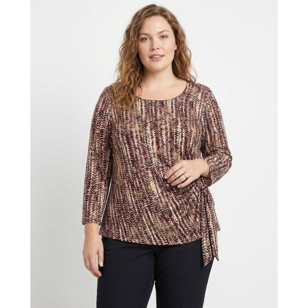 MSK size XL Black Brown Abstract Print 3/4 Sleeve Tie Side Stretch Knit Blouse